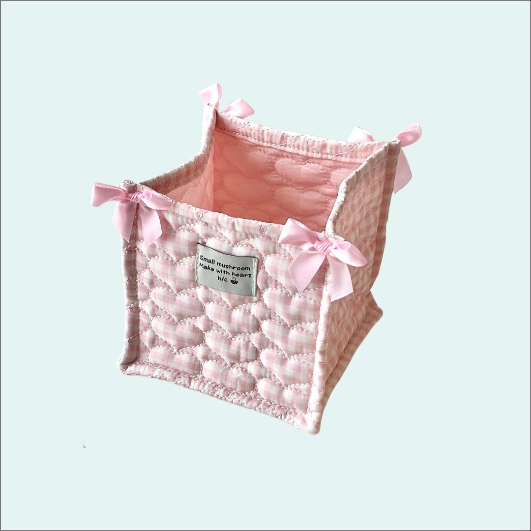 Pink Cotton Storage Basket with Heart Pattern and Bow Ties-Cozyolo Home Decor & Candle