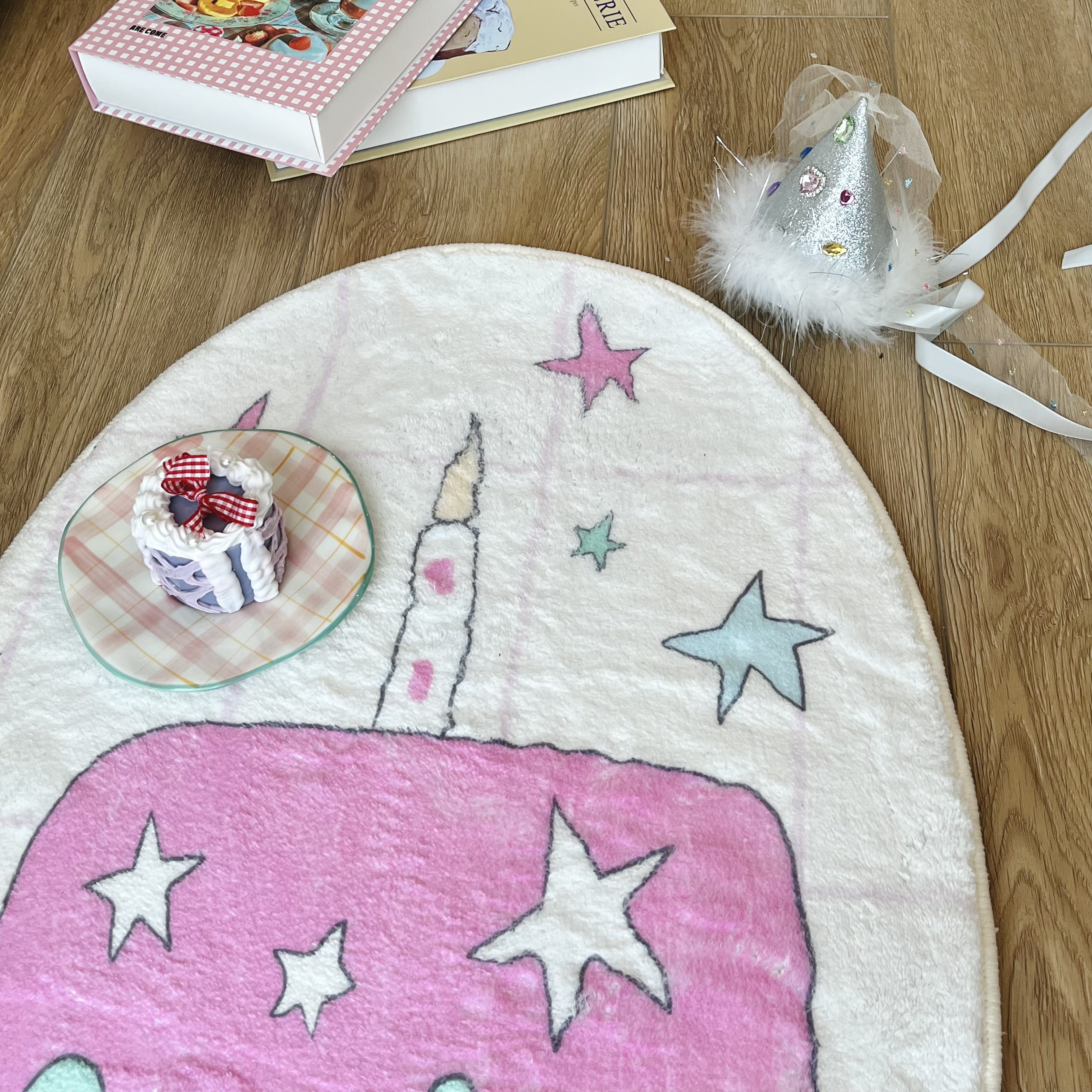 Plush Pink Green Star Birthday Cake Rug-Cozyolo Home Decor & Candle