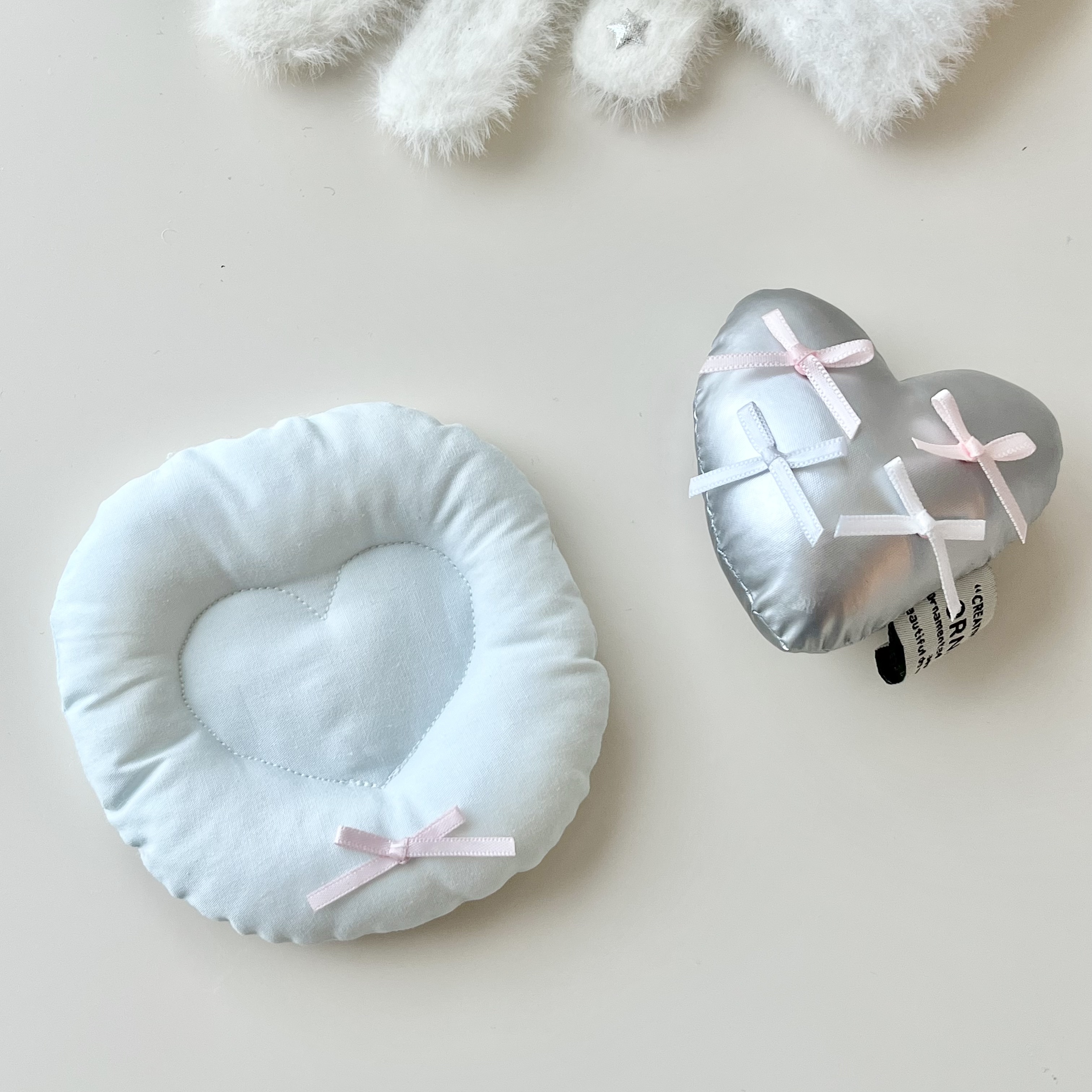  Baby Blue Cotton Heart Coaster with Pink Bow -Cozyolo Home Decor & Candle
