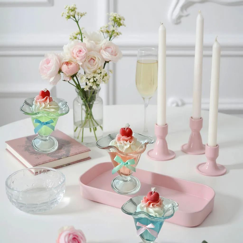 Three-Color Jelly Cream Sundaewith Cherry Toppers Candles 