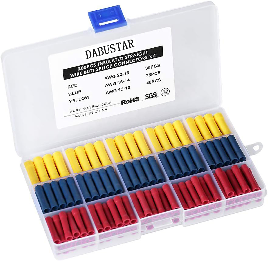 DABUSTAR Electric couplings  200pcs 10-22AWG Assorted Butt Splice Crimp Connectors, Insulated Electrical Straight Wire Terminal Connectors