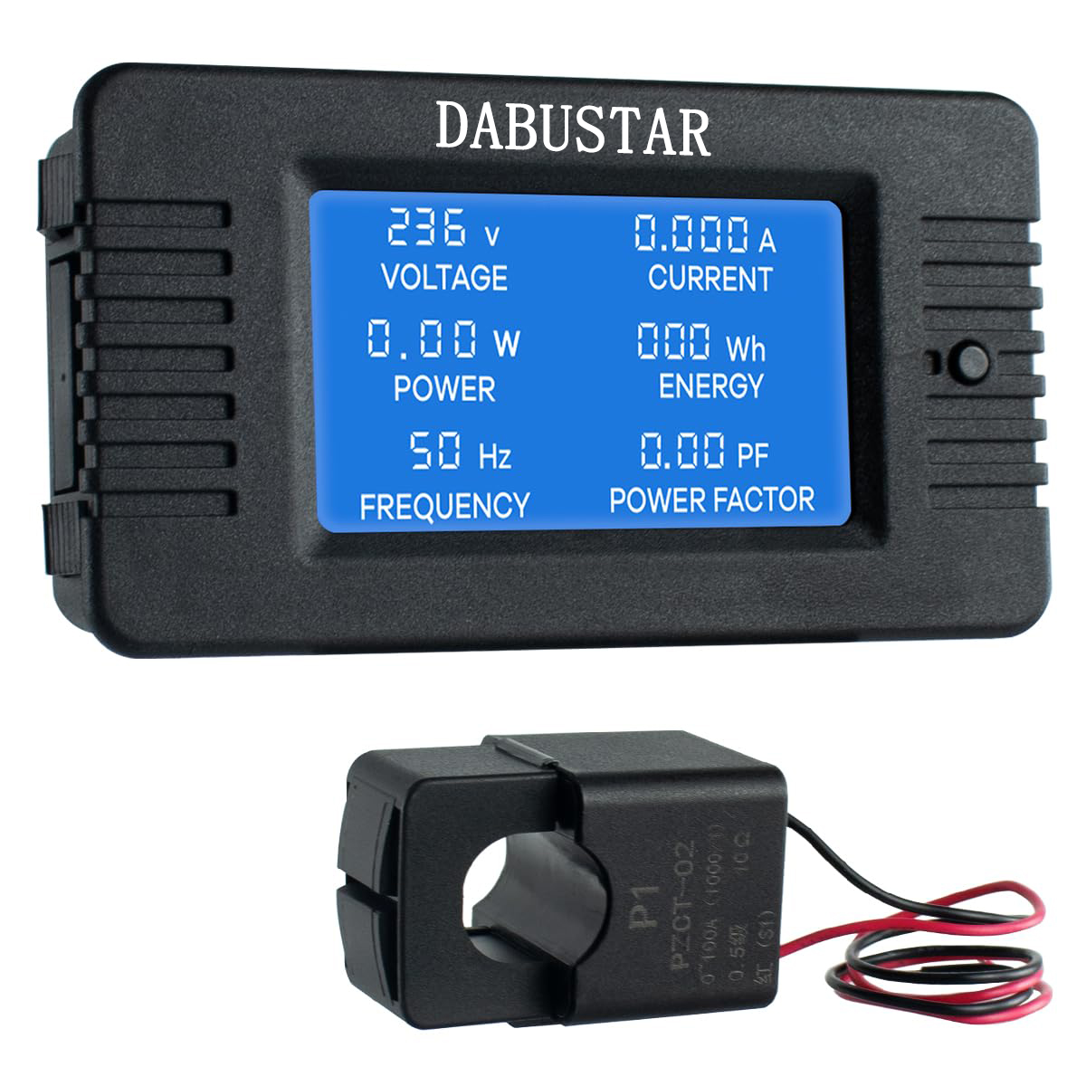 DABUSTAR Electronic monitors for monitoring flowmeters 80-260V 100A LCD Digital Display Multi-Function Power Monitor Voltage Current Frequency Power Factor Energy Meter Ammeter Voltmeter with Split Core Current Transformer