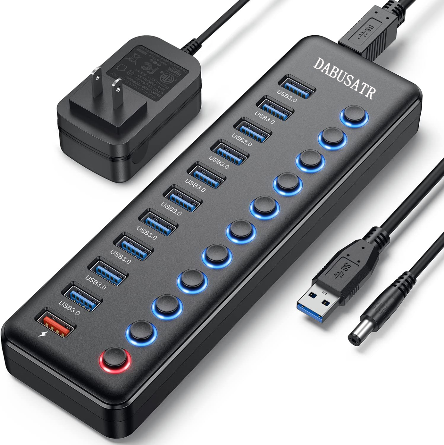 DABUSTAR USB hubs, Wenter 11-Port USB Splitter Hub (10 Faster Data Transfer Ports+ 1 Smart Charging Port) with Individual LED On/Off Switches, USB Hub 3.0 Powered with Power Adapter for Mac, PC