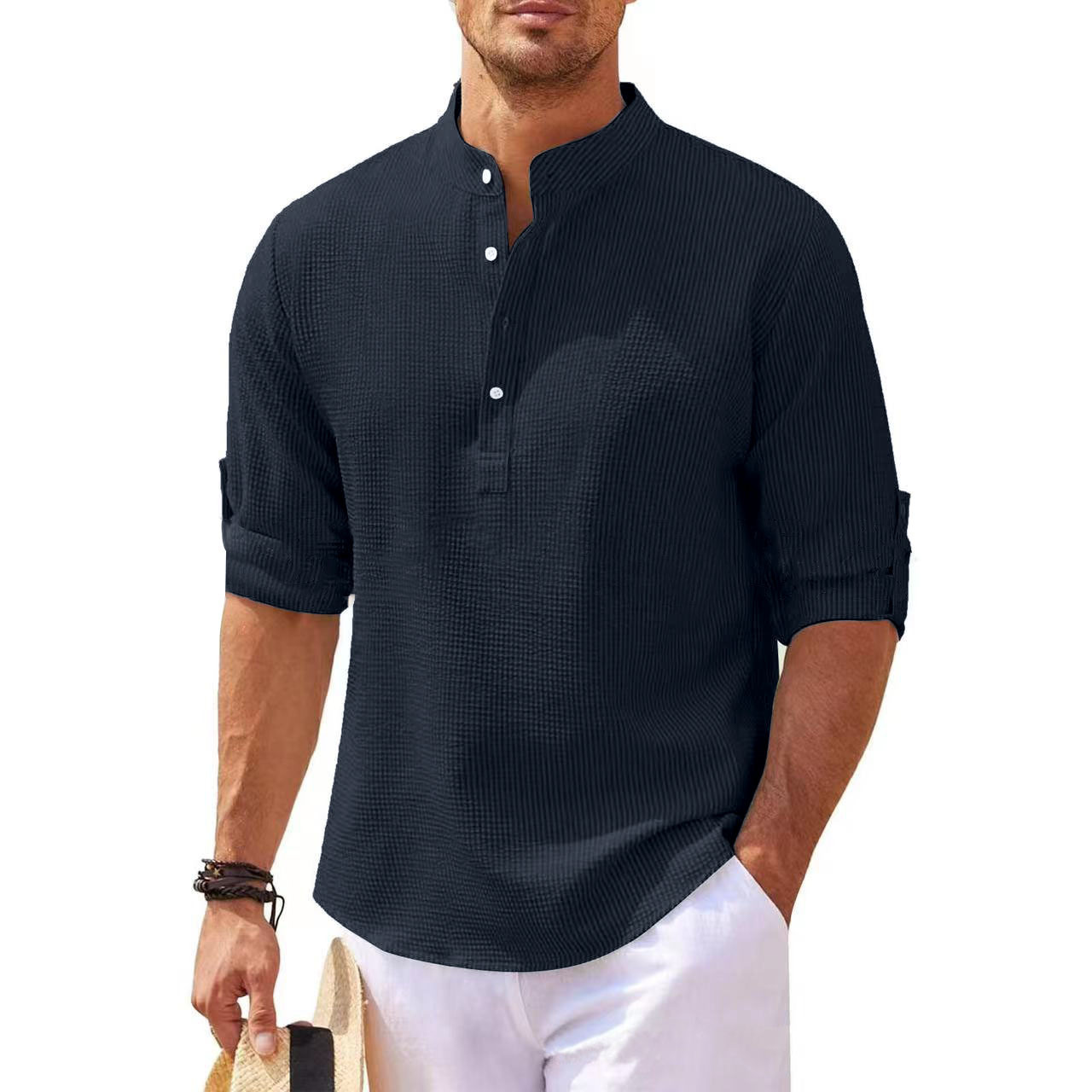 Chemise Décontractée à Col Montant Pour Homme