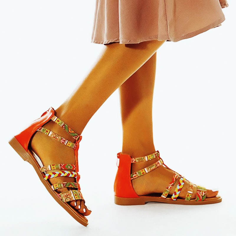 Summer Ethnic Colorful Color Blocks Flat Sandals Casual Comfortable Round-Toe Zipper Vintage