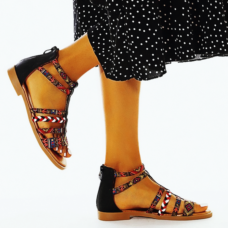 Summer Ethnic Colorful Color Blocks Flat Sandals Casual Comfortable Round-Toe Zipper Vintage