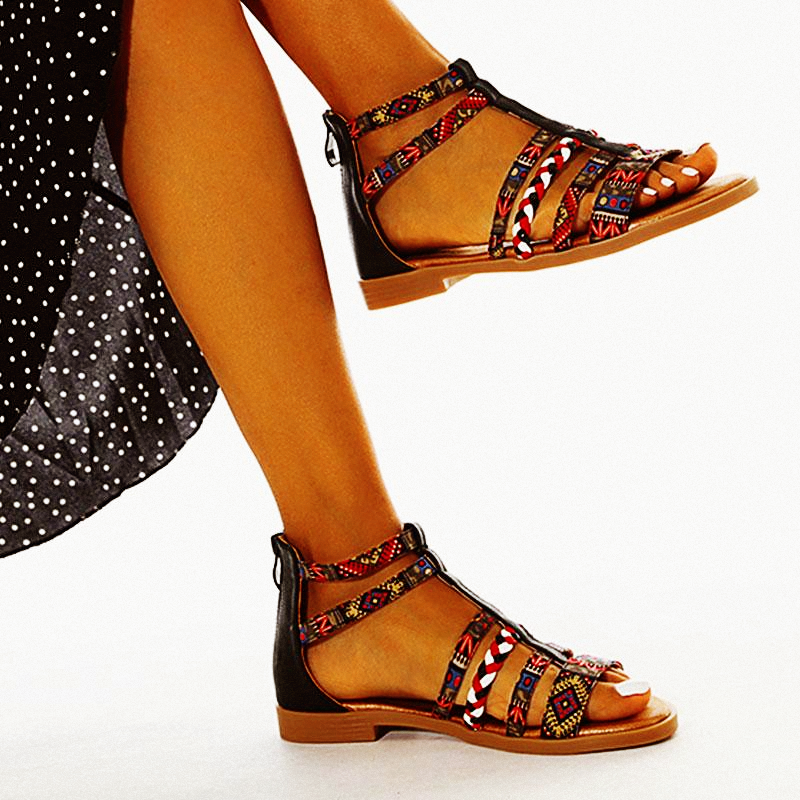 Summer Ethnic Colorful Color Blocks Flat Sandals Casual Comfortable Round-Toe Zipper Vintage