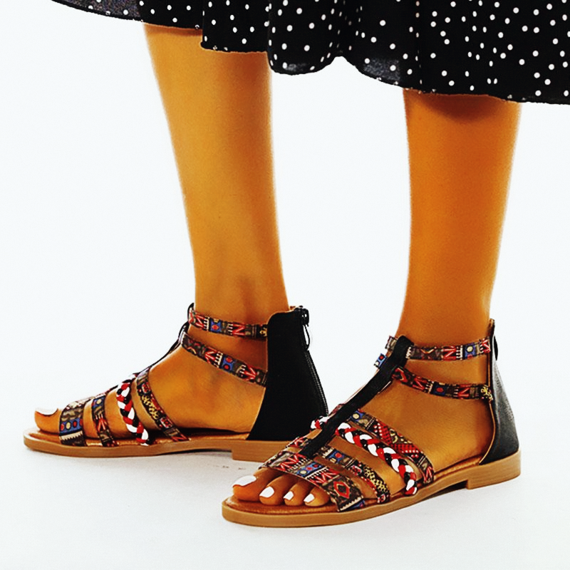 Summer Ethnic Colorful Color Blocks Flat Sandals Casual Comfortable Round-Toe Zipper Vintage