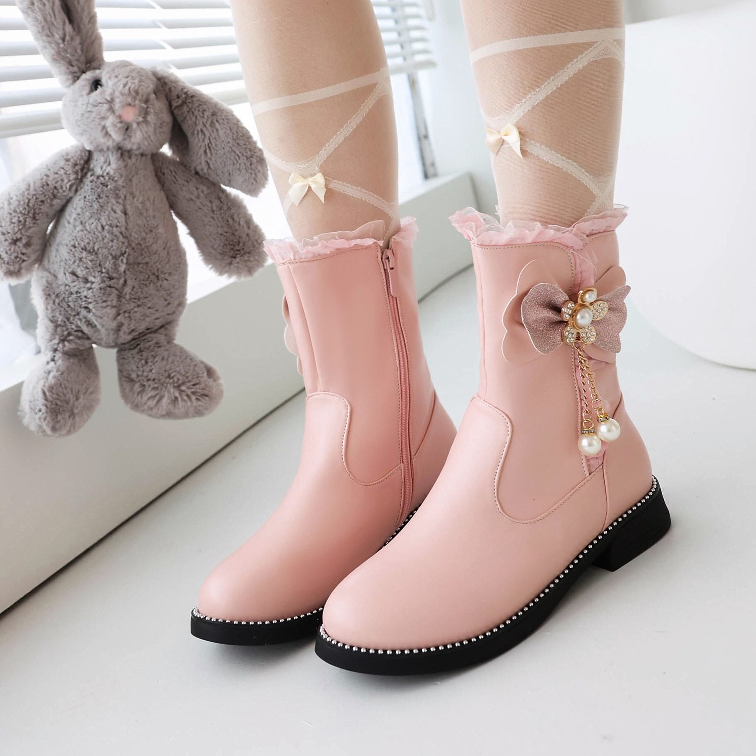 Femme Bottes Lolita Grandes Tailles Bottes de mariage du quotidien Bottes mi-mollet Hiver Talon Plat Le style mignon Confort Preppy Polyuréthane-Luckweek