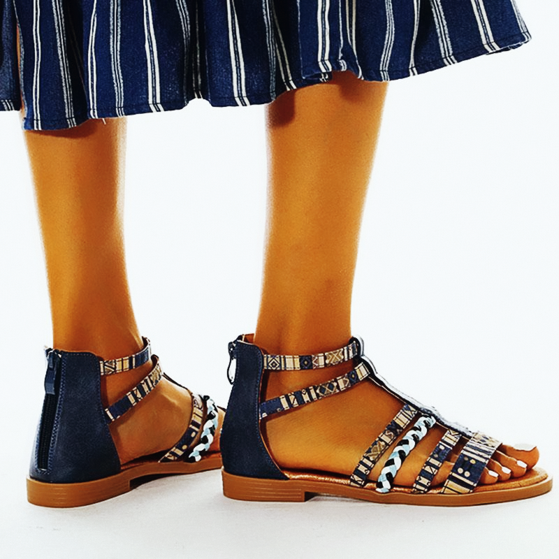 Summer Ethnic Colorful Color Blocks Flat Sandals Casual Comfortable Round-Toe Zipper Vintage