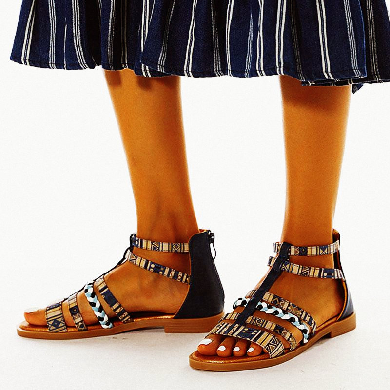 Summer Ethnic Colorful Color Blocks Flat Sandals Casual Comfortable Round-Toe Zipper Vintage