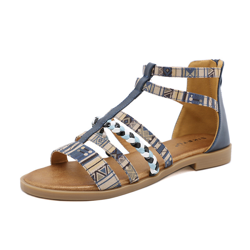Summer Ethnic Colorful Color Blocks Flat Sandals Casual Comfortable Round-Toe Zipper Vintage
