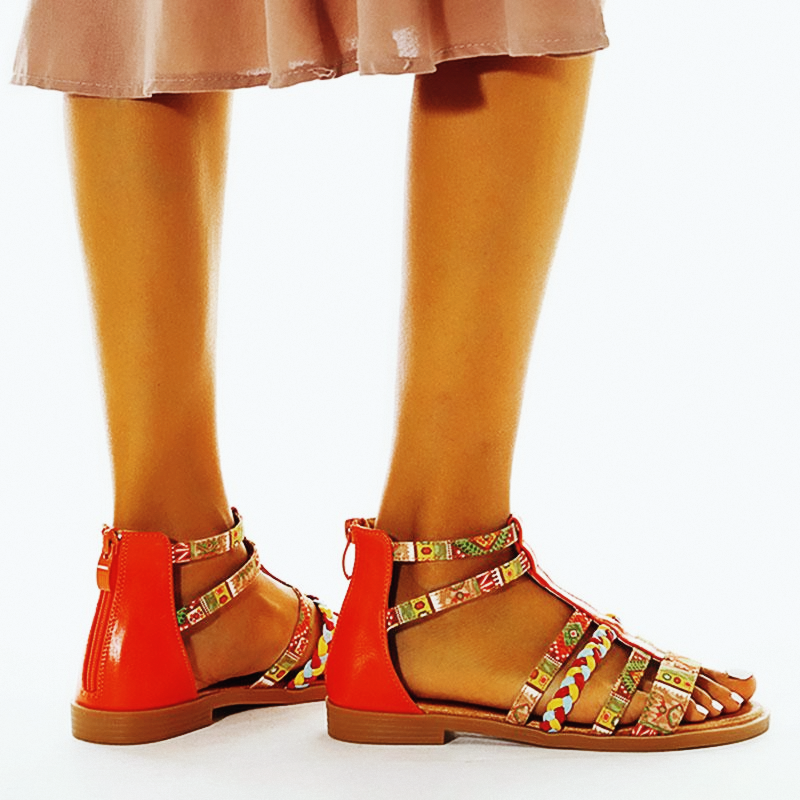 Summer Ethnic Colorful Color Blocks Flat Sandals Casual Comfortable Round-Toe Zipper Vintage