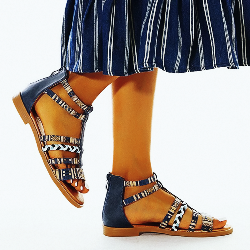 Summer Ethnic Colorful Color Blocks Flat Sandals Casual Comfortable Round-Toe Zipper Vintage