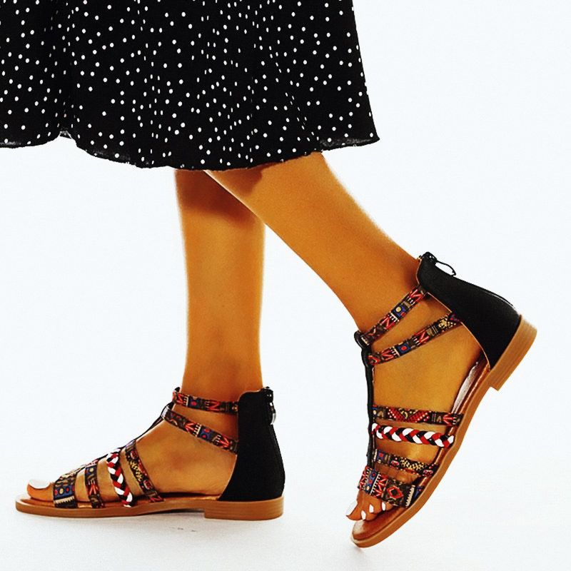 Summer Ethnic Colorful Color Blocks Flat Sandals Casual Comfortable Round-Toe Zipper Vintage