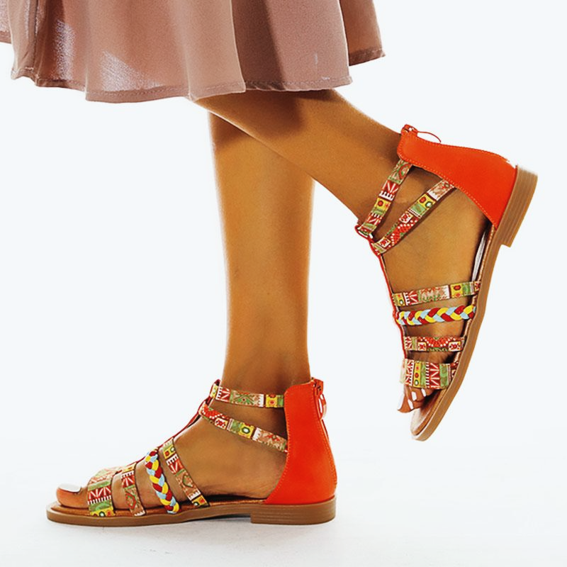 Summer Ethnic Colorful Color Blocks Flat Sandals Casual Comfortable Round-Toe Zipper Vintage