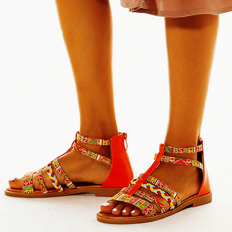 Summer Ethnic Colorful Color Blocks Flat Sandals Casual Comfortable Round-Toe Zipper Vintage
