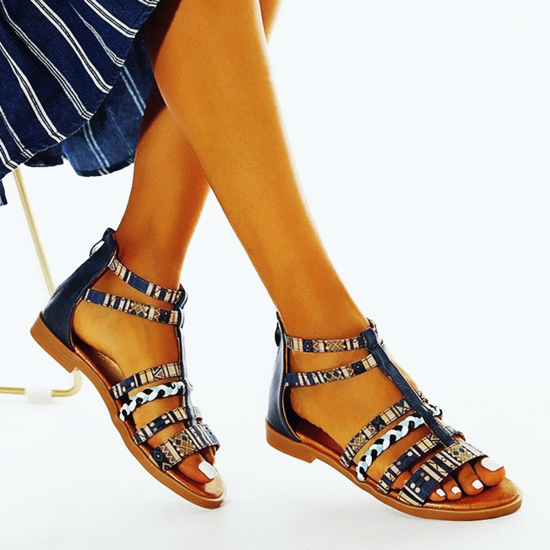 Summer Ethnic Colorful Color Blocks Flat Sandals Casual Comfortable Round-Toe Zipper Vintage