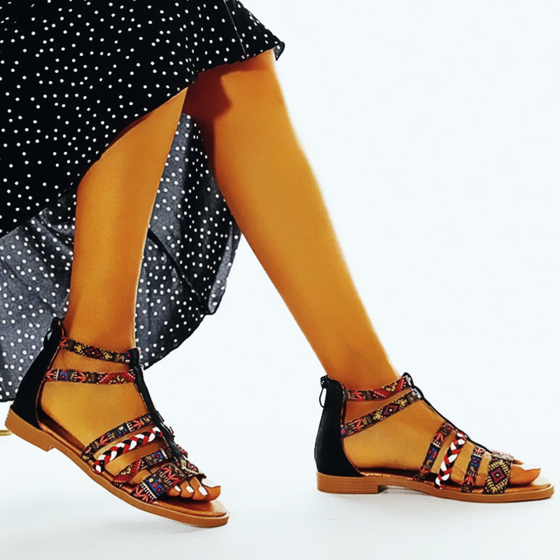 Summer Ethnic Colorful Color Blocks Flat Sandals Casual Comfortable Round-Toe Zipper Vintage
