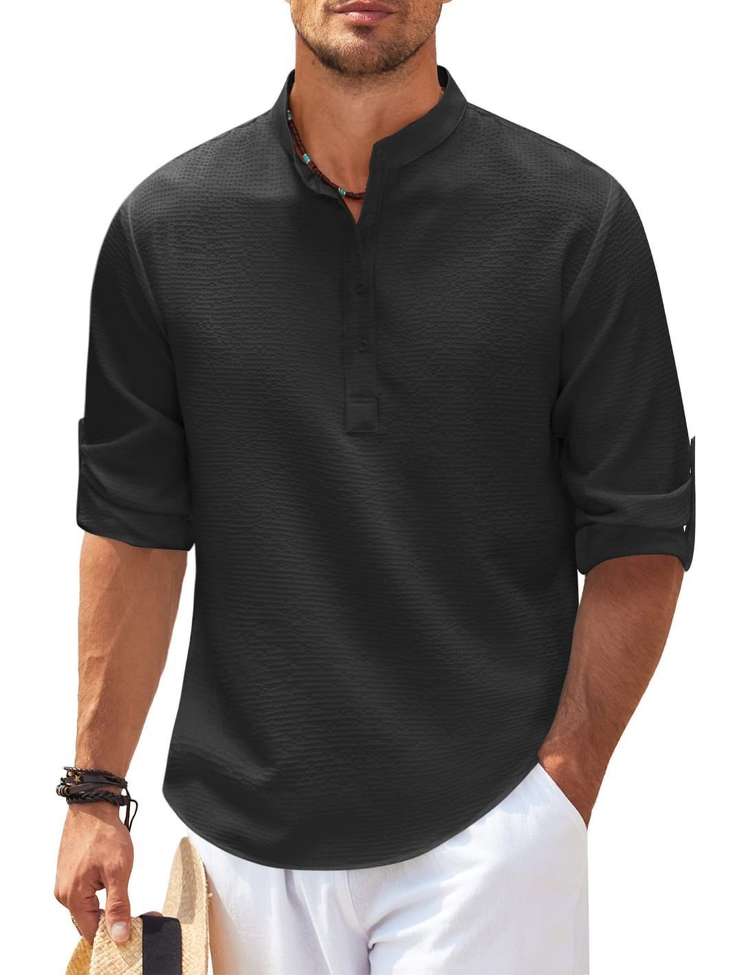 Chemise Décontractée à Col Montant Pour Homme