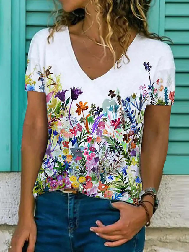  Women's T shirt Tee Floral Graphic Patterned Flower Casual Daily Floral T shirt Tee Short Sleeve Print V Neck Basic Essential White Black Blue S / 3D Print
