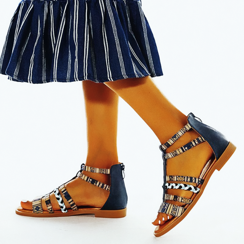 Summer Ethnic Colorful Color Blocks Flat Sandals Casual Comfortable Round-Toe Zipper Vintage