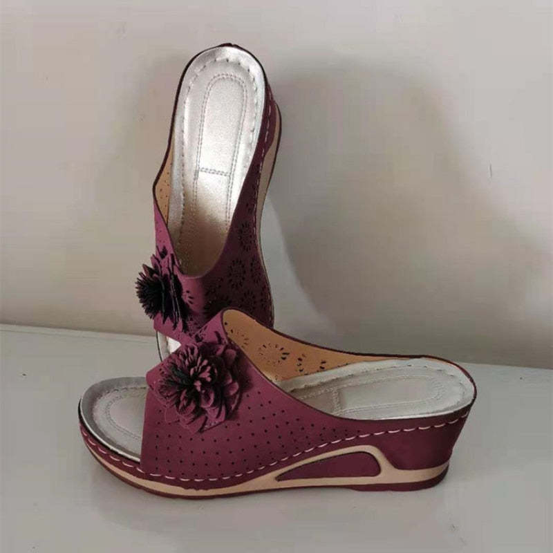 Sandales compensées tressées à motif floral - Respirantes - Grande taille-Luckweek