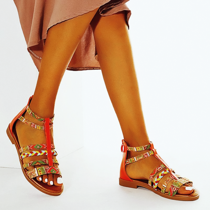 Summer Ethnic Colorful Color Blocks Flat Sandals Casual Comfortable Round-Toe Zipper Vintage