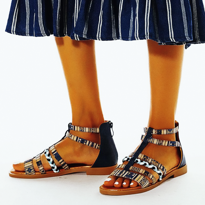 Summer Ethnic Colorful Color Blocks Flat Sandals Casual Comfortable Round-Toe Zipper Vintage
