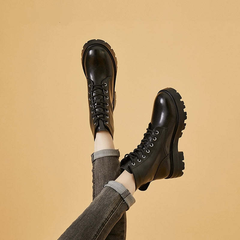 Bottes d'automne en cuir véritable pour femme-Luckweek