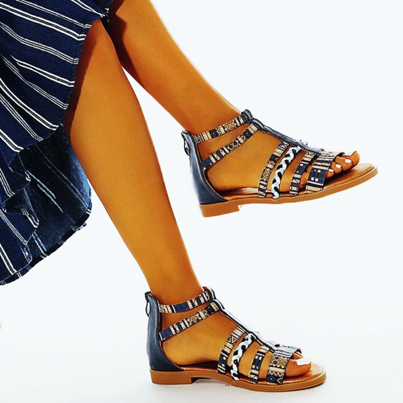 Summer Ethnic Colorful Color Blocks Flat Sandals Casual Comfortable Round-Toe Zipper Vintage