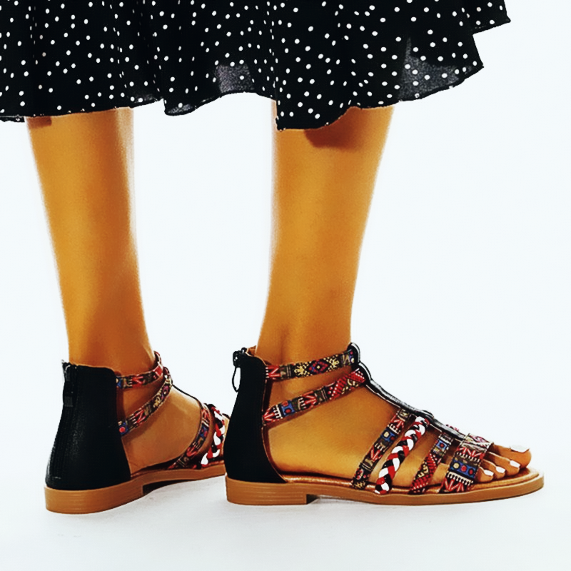 Summer Ethnic Colorful Color Blocks Flat Sandals Casual Comfortable Round-Toe Zipper Vintage