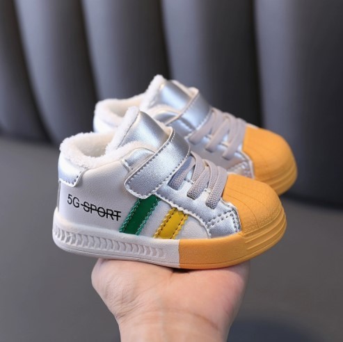 Fleece-lined soft-soled leather baby girl's walking shoes