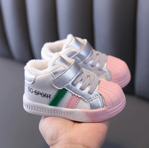 Fleece-lined soft-soled leather baby girl's walking shoes