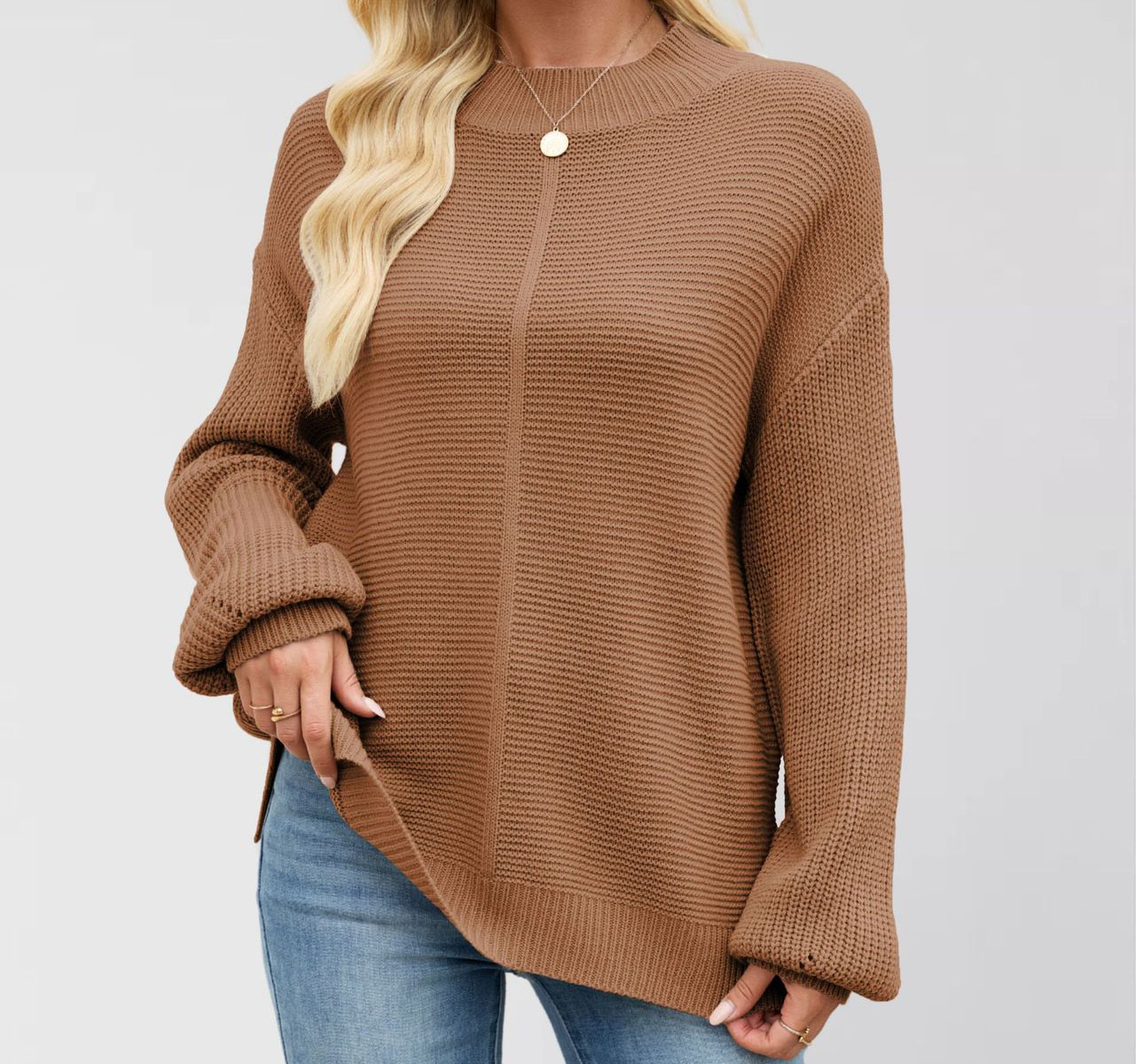 Solid-color loose-fit crewneck sweater