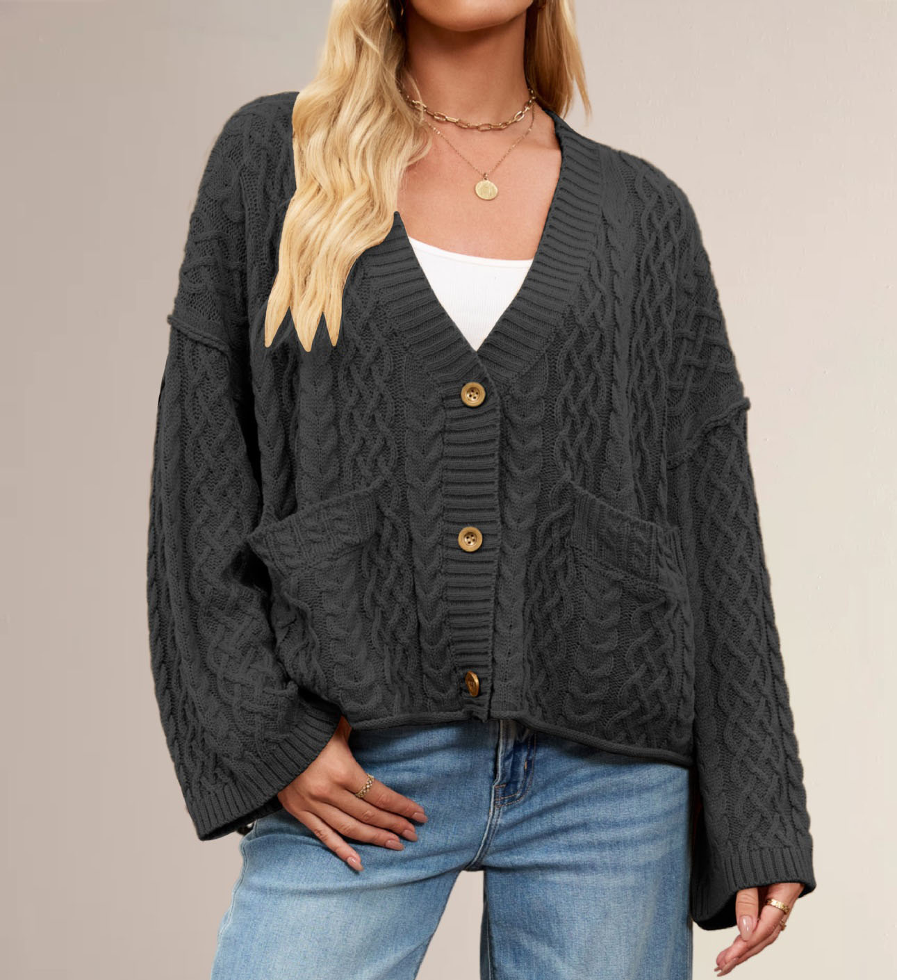 Twisted-Knit Oversized Solid-Color Cardigan
