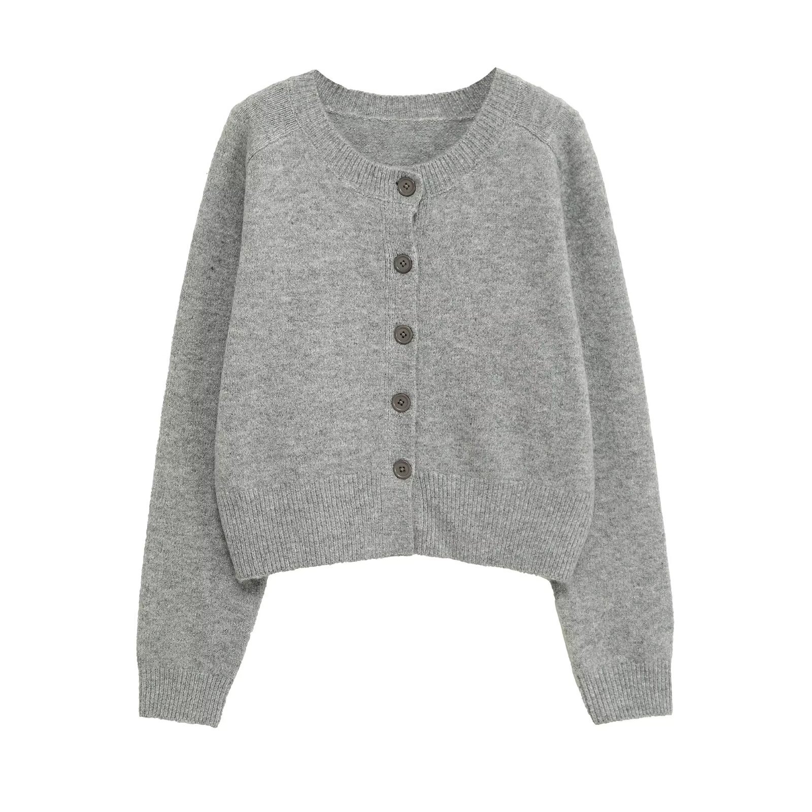 Short-length long-sleeved round-neck button-down knit cardigan