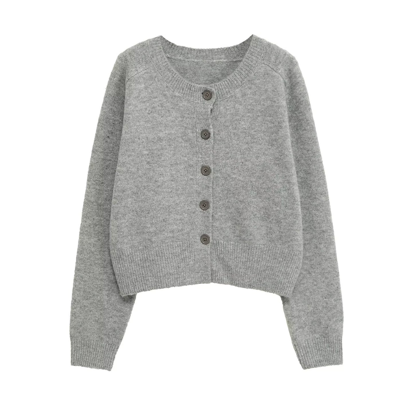 Short-length long-sleeved round-neck button-down knit cardigan