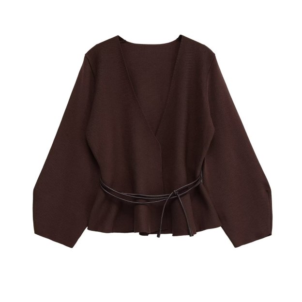 Stylish V-neck knit top with belted cardigan