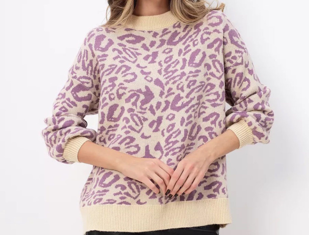Leopard-print loose-fit bell-sleeve crewneck knit sweater