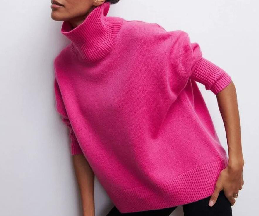 High-neck loose-fit solid-color sweater