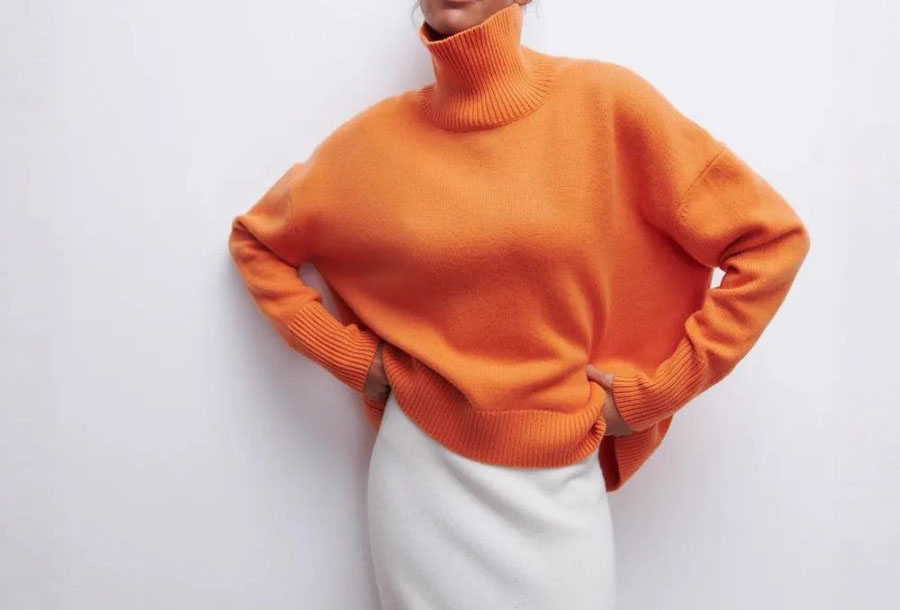 High-neck loose-fit solid-color sweater