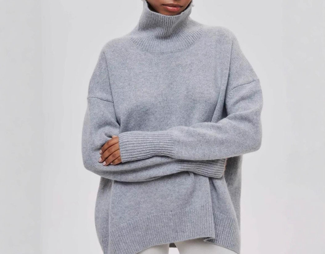High-neck loose-fit solid-color sweater