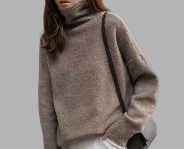 High-neck loose-fit solid-color sweater
