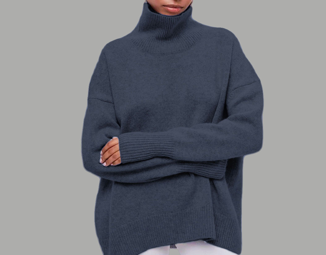 High-neck loose-fit solid-color sweater