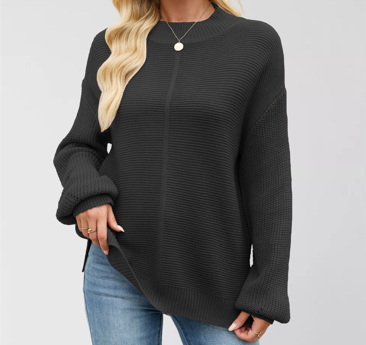 Solid-color loose-fit crewneck sweater