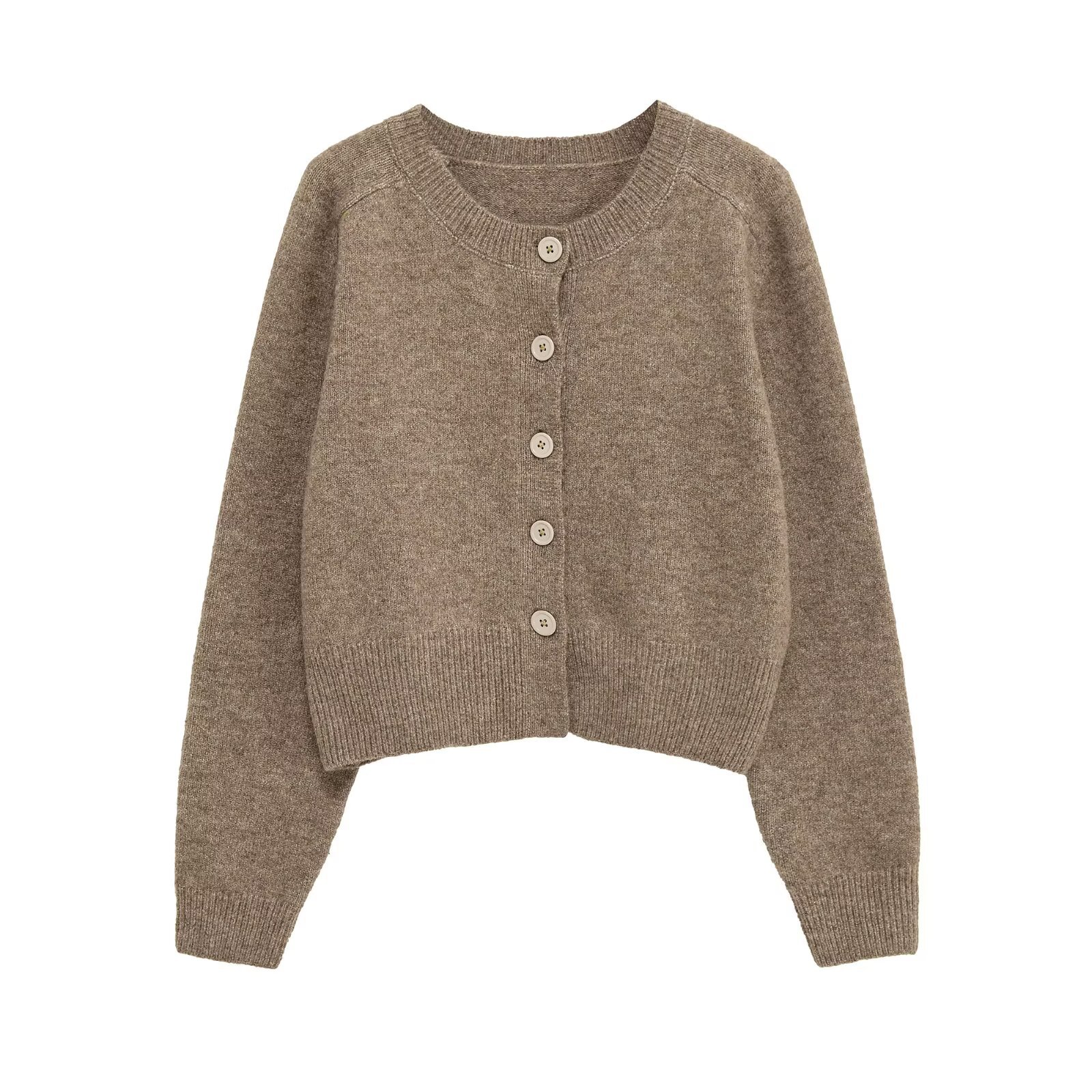 Short-length long-sleeved round-neck button-down knit cardigan