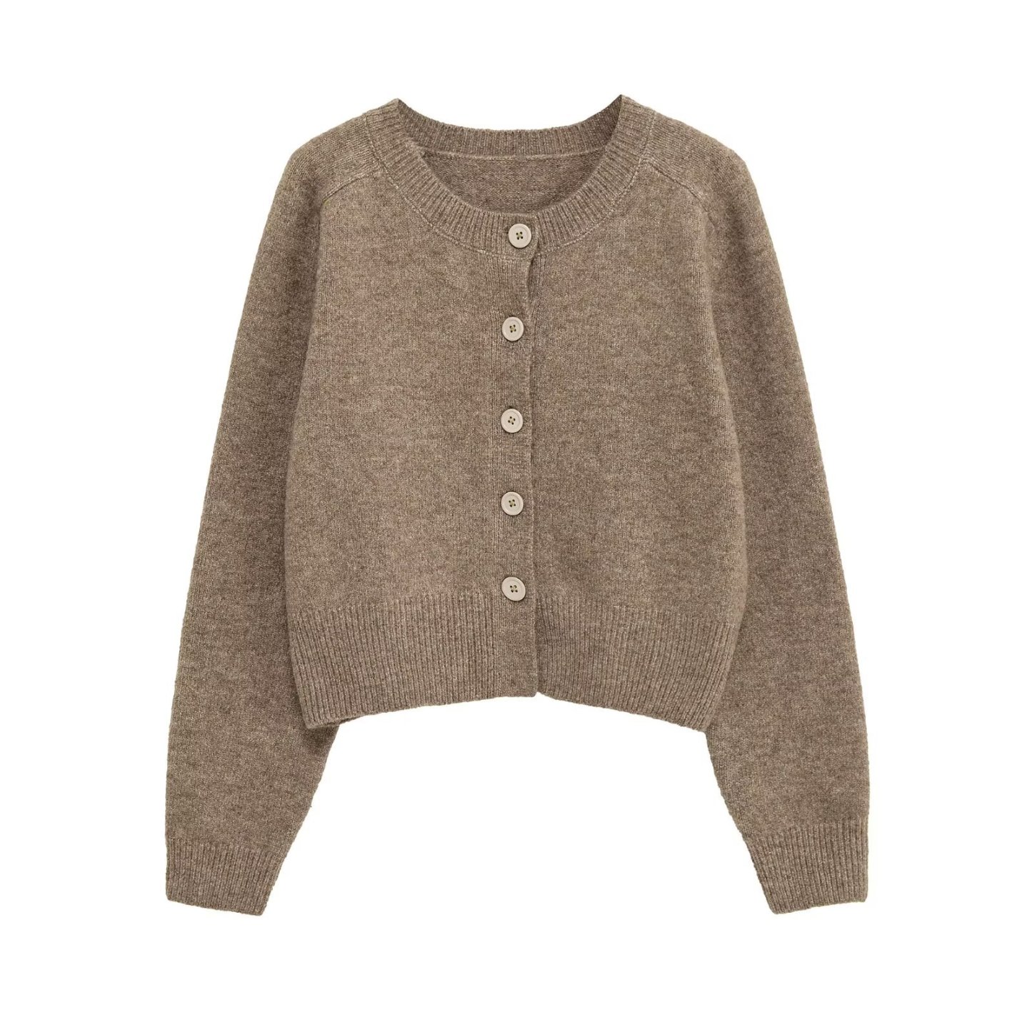 Short-length long-sleeved round-neck button-down knit cardigan