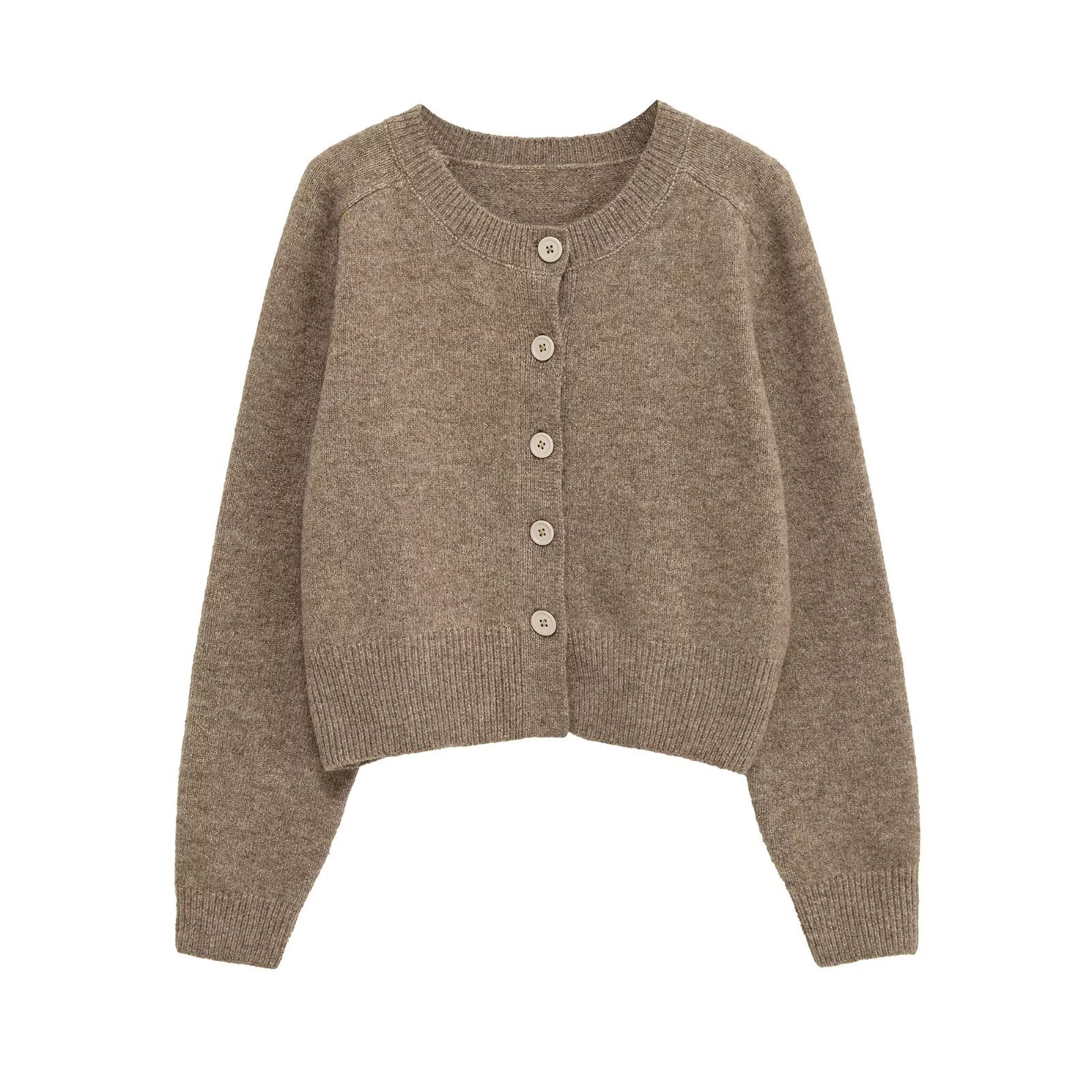 Short-length long-sleeved round-neck button-down knit cardigan