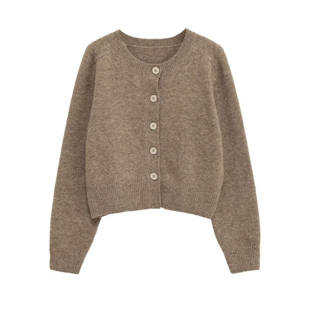 Short-length long-sleeved round-neck button-down knit cardigan